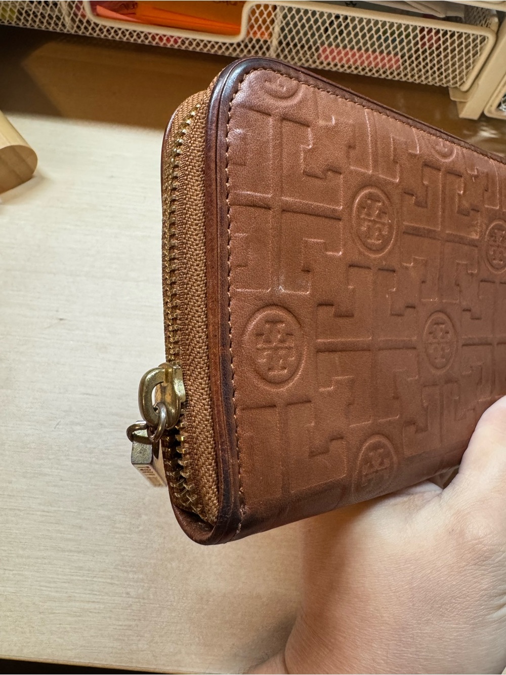 Tory Burch Embossed Logo Zip Wallet in Brown with Gold Hardware - Picture 13 of 14